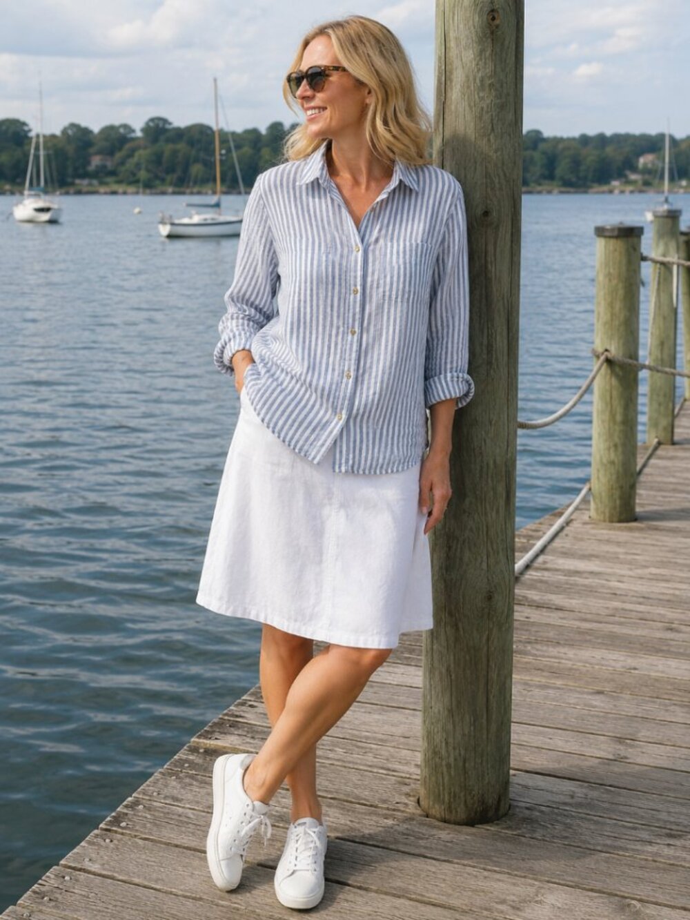 100% Linen Classic Women's F&F Shirt, Blue and White, Size 10 Large, Summer